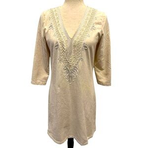 LILLY PULITZER Clarkson Dress Size M Tan Embroidered French Terry Heather Cream